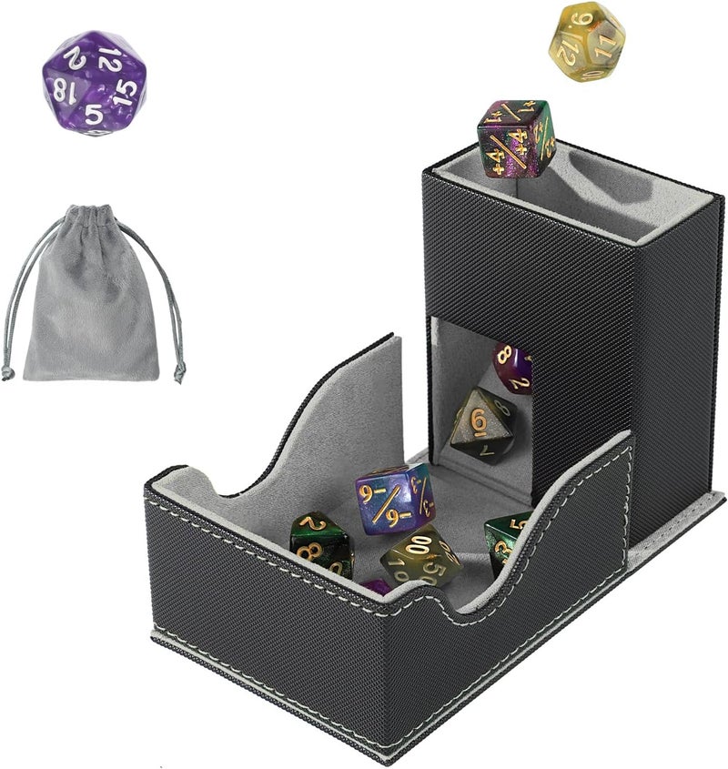 Stepane Dice Roller Tower, Premium DND Magnetic Dice Tray, Foldable PU Leather Dice Tower RPG Gifts for Dungeons and Dragons MTG Dm & Player Black/Grey - Image 1